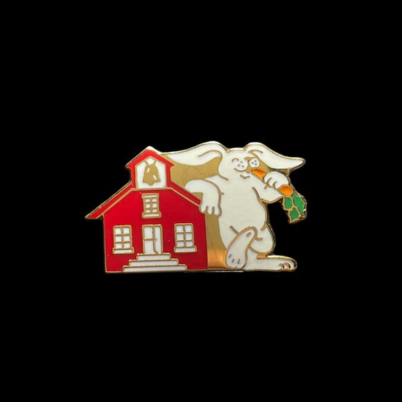 White Rabbit Eating Carrot at Red Schoolhouse Enamel Brooch Pin Vintage - Picture 2 of 4
